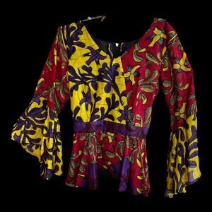 Dupsies Red Yellow Purple African Print Peplum Top Colorful Vibrant 40 Waist